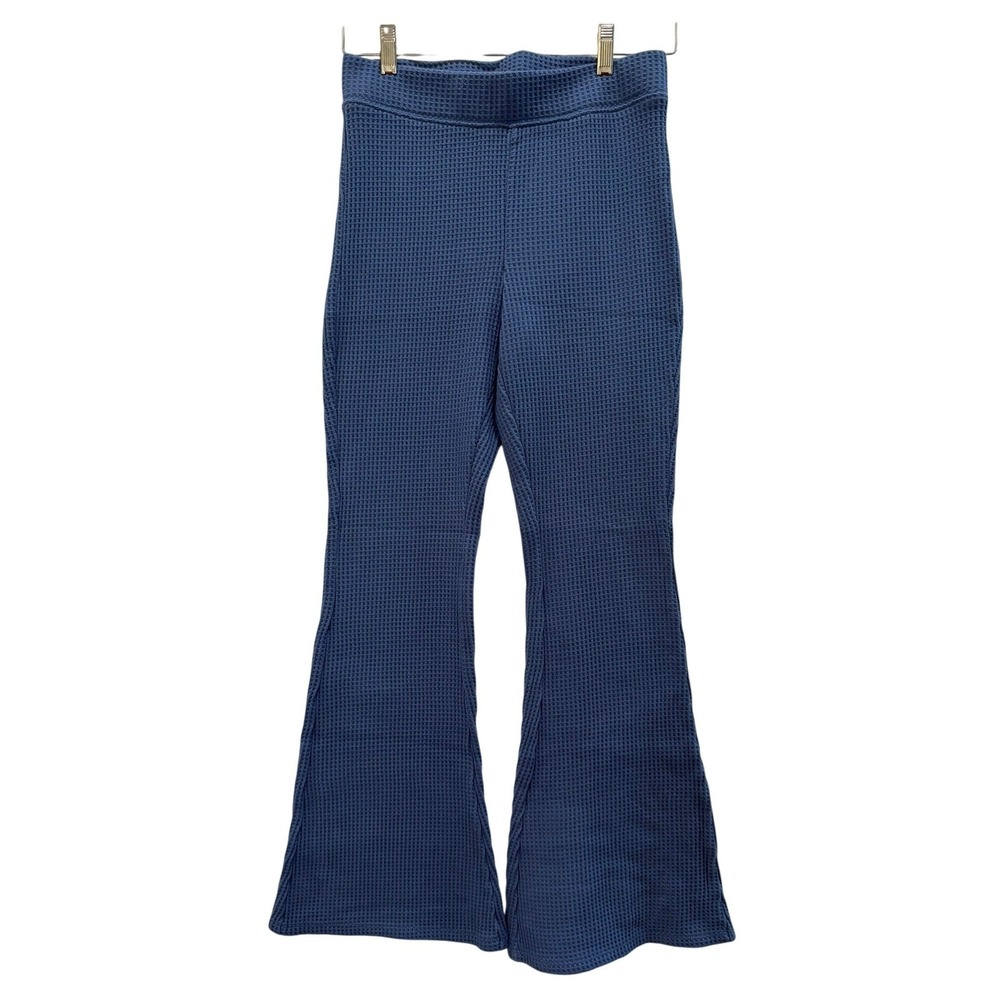 Aerie Blue Waffle Knit Flare Pants High Waisted Thermal Bell Bottoms Small Short